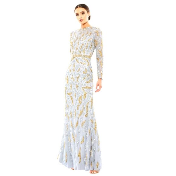 NEW! Mac Duggal Platinum Silver Gold Paisley Beaded Long Sleeve Gown SZ 6 - Picture 1 of 11